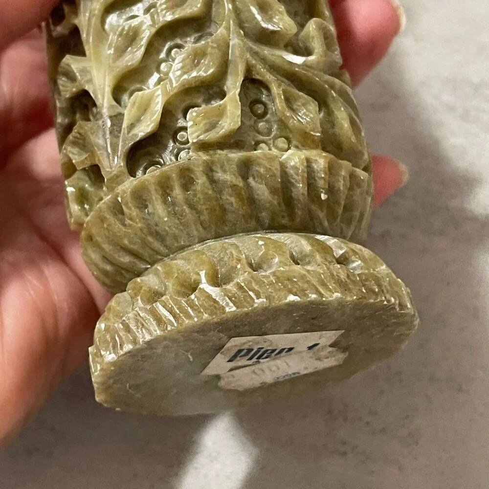 Vintage Pier 1 Carved Green Pink Floral Soapstone Columnar Vases Set of Two 6